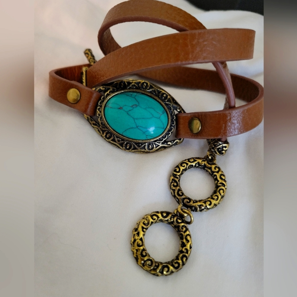 Boho wrap bracelet with leather, brass & turquoise